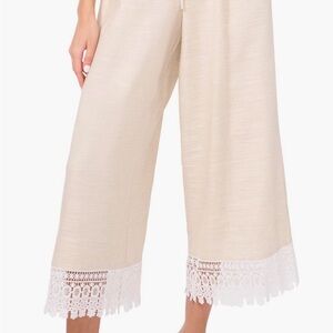 Beige Wide-Leg Pants with Lace Hem